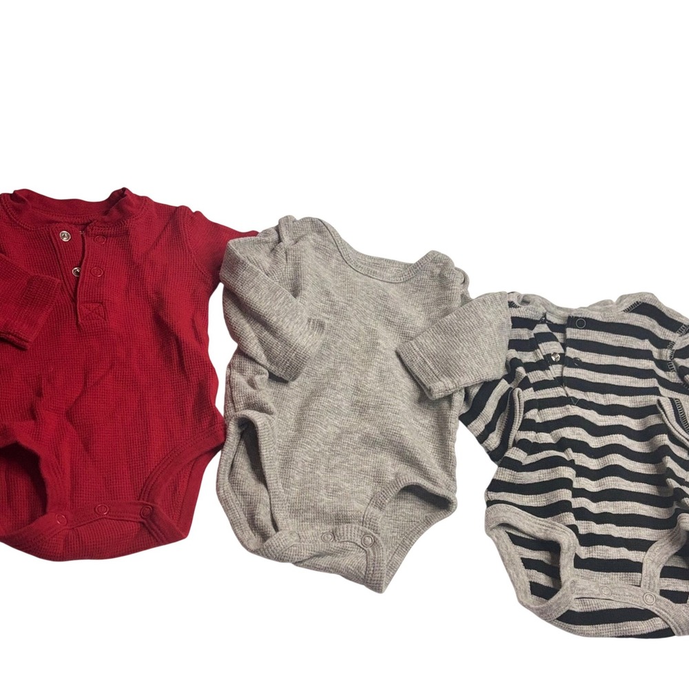 Baby 3 Pack Thermal Waffle Knit Bodysuits Red Gray Striped 3M‎ baby gift Henley